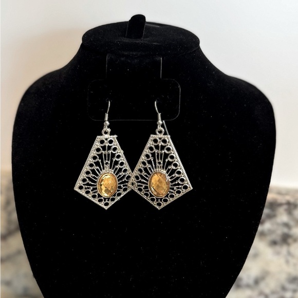 Geometric Sunburst Earrings – Silver Tone with Golden Yellow Stone - Picture 1 of 2